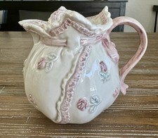 Vintage Coquette Pink Ribbon Ceramic Pitcher Cottagecore Floral Rose Country picture