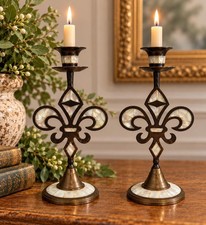 Vintage Brass Fleur de Lis Candlesticks Pair Mother of Pearl Inlay India 9.5