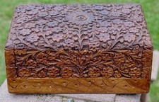 Vintage Meticulously Hand Carved Floral Wood Jewelry Trinket Box India 6” X 4” picture