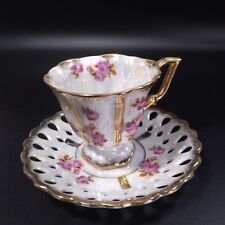 Royal Sealy Bone China Footed Cup Pierced Saucer Iridescent Pink Roses Gold Trim picture