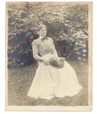 Vintage Vernacular Snapshot Victorian Lady with Flower Hat Poses in Yard picture