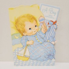 Vtg Baby Boy Congratulations Rattle Sailboat Blue Hallmark Greeting Card CLEAN picture