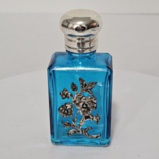Vtg Italian Cobalt Blue Glass Perfume Scent Bottle Sterlin Silver Floral Overlay picture