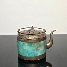 Vintage Tibetan Inspired Metal Teapot Green Stone Panels Monkey Finial picture