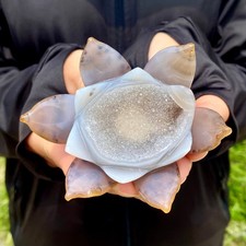 160G Natural Agate Geode Carved Lotus Flower, Hand Carved Healing Crystal Home D picture