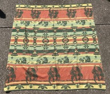 1940s Vintage Southwestern Pictorial Cotton Camp Blanket Western Bronco Teepee picture