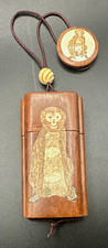 Asian Wooden netsuke Lidded Box Pendant bracelet hand scribed inlay Monkey picture