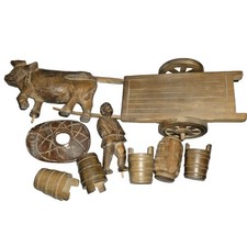 Vintage Hand Carved Wood Folk Art Set Ox Drawn Cart Farmer Barrels Buckets 10pc picture