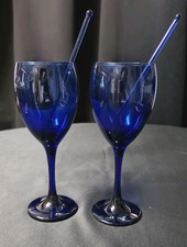 Vintage Handblown Cobalt Blue Wine Glases with Matching Glass Swizzle Sticks picture