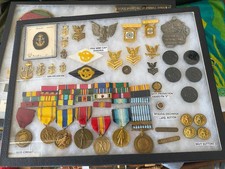WWII Korea US Navy Veteran Medal Ribbon Insignia Grouping Display ID’d Dog Tags picture