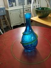 BLENKO JOEL MEYERS Crackle Glass Decanter 1960s MCM Turquoise Blue W/ Olive 11