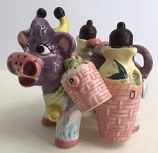 Vintage Thames Purple Cow Salt Pepper Shaker Oil Vinegar Cruet Set Japan Ceramic picture