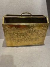 ANTIQUE LOMBARD ENGLAND BRASS WOOD EMBOSSED MAGAZINE HOLDER WITH DIVIDER RARE picture