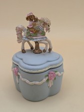 Vintage Collectible Teddy Bear Horse Carousel  Trinket Box Light Blue Porcelain picture