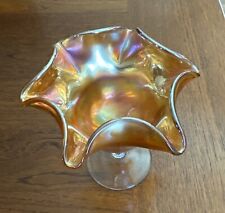 Vntg Orange Marigold IRIDESCENT  CARNIVAL GLASS Ruffled Compote 5”x5” picture