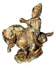 Vintage Chinese Tang Dynasty-style Gilded Cast Iron Warrior W/Sword Horse Statue picture