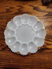 Vintage Deviled Egg Plate White Milk Glass Serving Dish w/ Faded Gold Trim picture