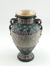 Vintage Unique Asian Moriage Handled Green And Multi Color Vase 16.5 Inch picture