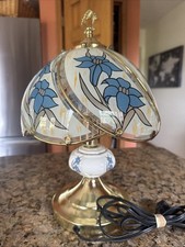 Vintage Blue Floral Glass Six Panel Table Lamp Brass Porcelain Base (not touch) picture
