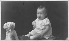 J38/ Interesting RPPC Postcard c1910 Cute Baby with Toy Stuffed Dog 231 picture