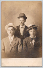 1910 RPPC Postcard Three Young Men Suits Hats Studio Portrait Posted Anderson IN picture