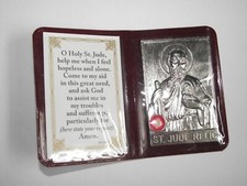 Vtg new medal pocket shrine St Jude hopeless cases relic prayer card brwn folder picture