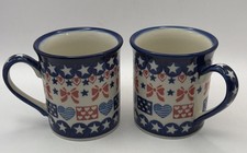 2 Kalich Polish Pottery Ceramic Mugs Boleslawiec 10 oz Patriotic Large Stars picture