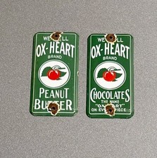 VINTAGE OX-HEART DOOR PALM PUSH SET PORCELAIN SIGN CAR GAS TRUCK OIL MOTORCYCLE picture