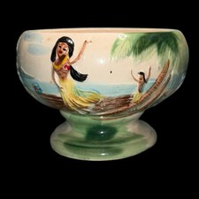 Vintage OMC Japan Tiki Hula Girl Scorpion Bowl Ceramic Pedestal Tropical Barware picture