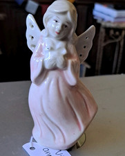 Vtg. Porcelain Angel Pierced Wings Pastel Pink Robe Holding A White Peace Dove  picture