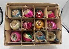 Set 12 Vtg 1950s Indent Mercury Glass Mica Teardrop & Round Ornaments Poland picture
