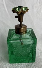 Antique Czech Bohemian Art Glass Perfume Atomizer Uranium Jeweled Flower Top picture