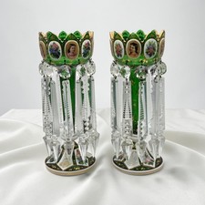 2 Antique 1800's Bohemian Moser Emerald Green Enameled & Gold Gilt Glass Lustres picture
