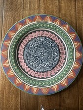 Vtg Mexican Folk Art Pottery Plate Aztec Sun Stone Calendar Resin/Terracotta 10’ picture
