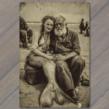 POSTCARD Mermaid Fisherman Beach Portrait Surreal Myth Folklore Ocean Romance picture