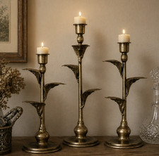 Antique Candelabra Metal Leaf Candle Holders – Set of 3 Vintage Elegant Bronze picture