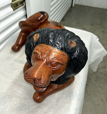 Hand Carved Wooden Lion Sculpture Figurine Lying Down Brown with Black Mane picture