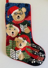 Vintage Wool Needlepoint Christmas Stocking 3 Caroiling Singing Bear picture