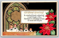 Christmas Greetings Sending Friends Poinsettia Choir Embossed Postcard picture