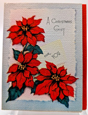 Vintage 1950's Christmas Gift Enclosure Cards  12 Unused Mini Linen Poinsettia  picture