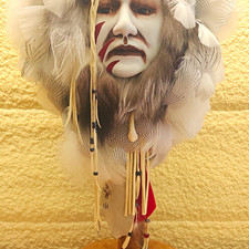 Handcrafted Native American Style Mask Headdress w Feathers, Wood Base picture
