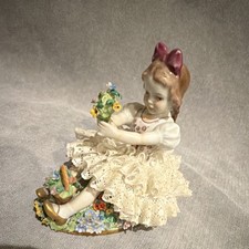 VTG Authentic Sitzendorf Miniature Porcelain Lace Figurine – Girl with Flowers picture