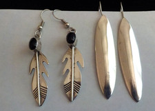 2 Pair - Navajo Dangle Earrings, Sterling Silver, Jet Feather Earrings signed J picture
