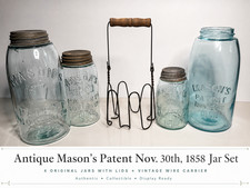 Antique Aqua Mason’s Patent 1858 Canning Jars with Wire Carrier – Set of 4 picture