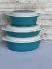 Vintage Pyrex Blue Horizon Oval Casserole Set 043 045 Divided w/Lids picture