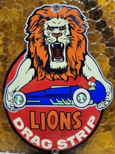VINTAGE LIONS DRAG STRIP PORCELAIN SIGN OLD WILMINGTON CALIFORNIA RACING CLUB picture
