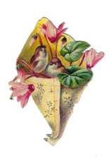 1888 Victorian Chromo, LOVEBIRDS YELLOW FLORA CONE, Antique Die-Cut Scrap, 2-3/4 picture