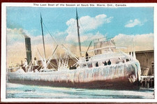 Original c1910 Sault Ste. Marie Last Ice Boat Great Lakes Freighter Postcard picture