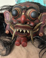 Vintage Balinese Devil Dance Mask - Red & Gold Painted w/Hinged Jaw & Horsehair picture