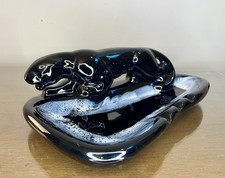 Vintage Mid-Century Ceramic Black Panther Ashtray 11 Inch Glazed MCM Tobaccia picture